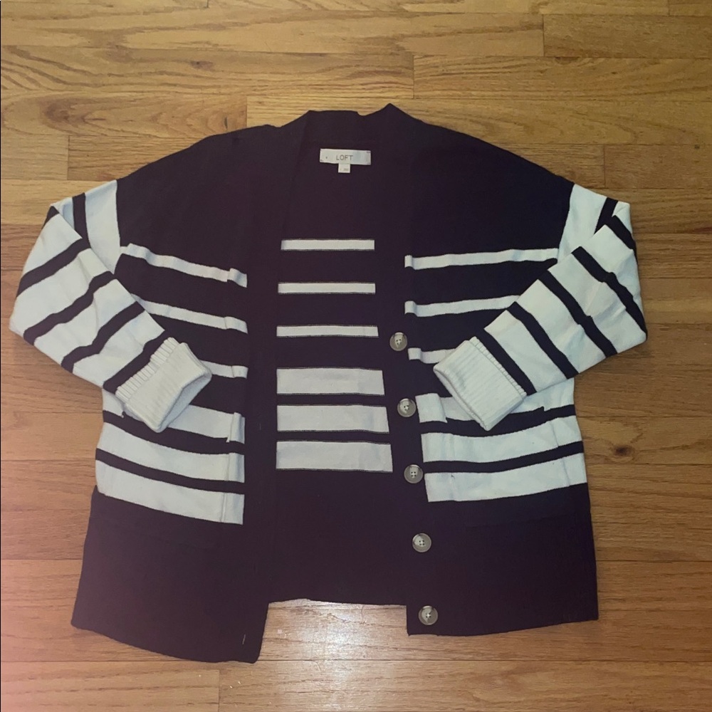 LOFT Black and White Striped Button-Up Cardigan